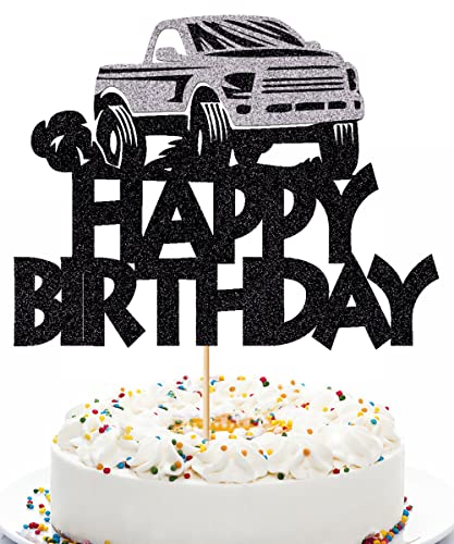 Qerleny Schwarz Glitzer Pickup Truck Kuchen Toppers, Pickup Truck Happy Birthday Kuchen Toppers Bauernhof Pickup Truck Party Kuchen Party Dekorationen von Qerleny