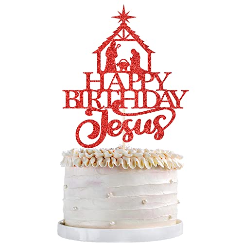 Qertesl Happy Birthday Jesus Cake Topper ,Red Glittery Jesus Birthday Cake Decorations,Christian Christmas Cake Decoration,Jesus is Nativity Scene Christmas Birthday Party Decoration Supplies von Qertesl