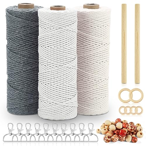 Qetlavee 3stk Makramee Garn,Baumwolle Makramee Baumwollgarn Bunt Farbverlauf für DIY Boho Deko Handwerk Mit 10 Schlüsselanhänger 40 Holzperlen 6 Holzringe 2 Rundstab(2mm x 100m) von Qetlavee