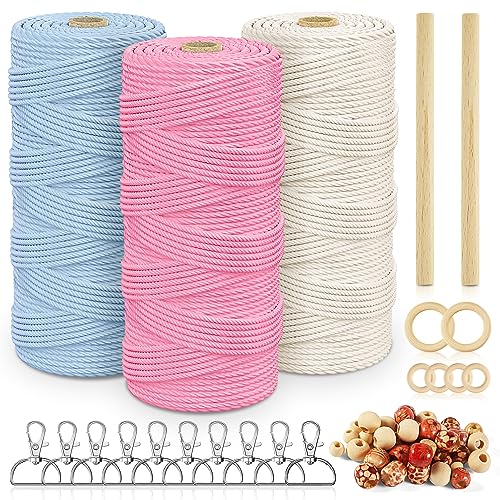 Qetlavee 3stk Makramee Garn,Baumwolle Makramee Baumwollgarn Bunt Farbverlauf für DIY Boho Deko Handwerk Mit 10 Schlüsselanhänger 40 Holzperlen 6 Holzringe 2 Rundstab(3mm x 60m) von Qetlavee