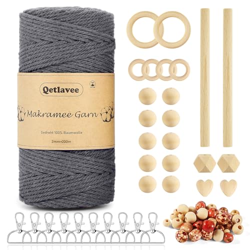 Qetlavee Makramee Garn,Baumwolle Makramee 2mm×200m Grau Baumwollgarn Bunt Farbverlauf für DIY Boho Deko Handwerk Mit 10 Schlüsselanhänger 40 Holzperlen 6 Holzringe 2 Rundstab von Qetlavee