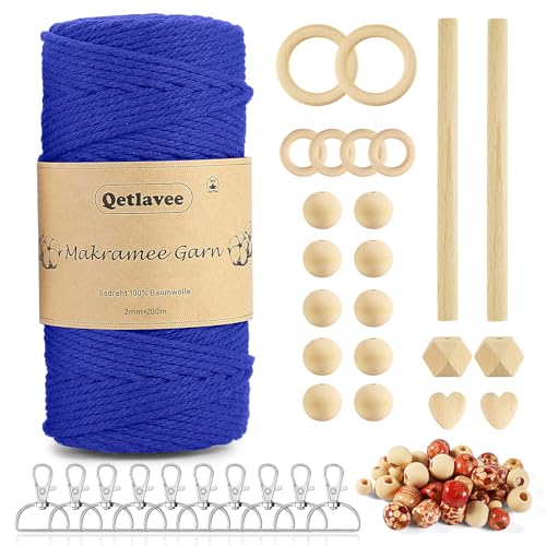 Qetlavee Makramee Garn,Baumwolle Makramee Baumwollgarn Bunt Farbverlauf für DIY Boho Deko Handwerk Mit 10 Schlüsselanhänger 40 Holzperlen 6 Holzringe 2 Rundstab（2mm*200m-Navy blau） von Qetlavee