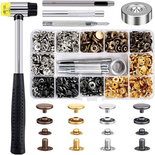 Qfun 120 Stück Druckknopf Set mit Hämmer Fixierwerkzeug Kit 4 Farbe Leder Druckknöpfe für 12mm Kupfer Druckknöpfe Metall für Leder Handwerk Jacke Brieftasche Handtasche von Qfun