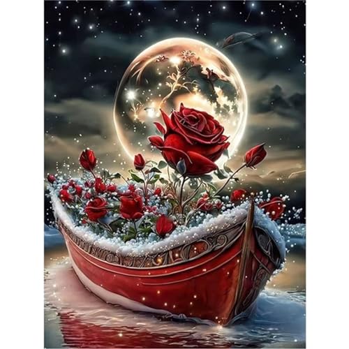 QiHon Diamond Painting Bilder DIY 5D Diamond Painting Kits for Adults Kids Beginners Full Drill Boot Mit Roter Rose Diamond Cross Stickerei Malerei Set for Home Wall Decor 50x70cm von QiHon