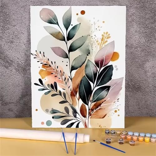 QiHon Malen Nach Zahlen Erwachsene Aquarell, Pflanzenblätter DIY Handgemalt Ölgemälde Leinwand Kits, Digitales DIY Ölgemälde Set mit 3-Pinseln und Acrylfarbe, DIY Rahmen 50x65cm von QiHon