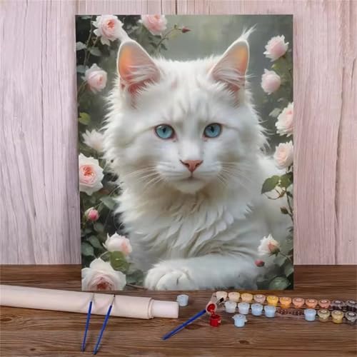 QiHon Malen Nach Zahlen Erwachsene Blume, Katze DIY Handgemalt Ölgemälde Leinwand Kits, Digitales DIY Ölgemälde Set mit 3-Pinseln und Acrylfarbe, DIY Rahmen 55x70cm von QiHon