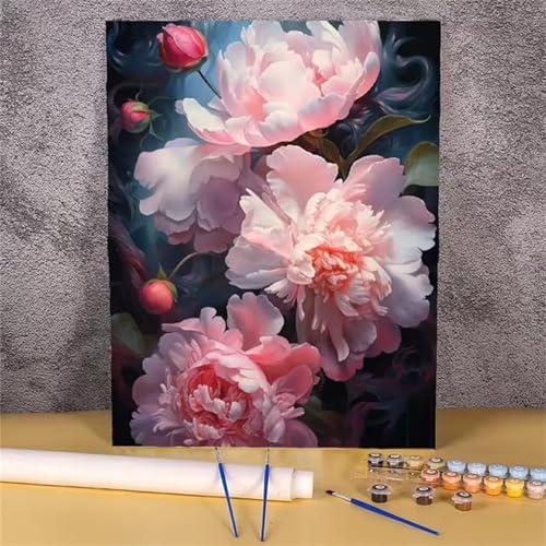 QiHon Malen Nach Zahlen Erwachsene Blume, Rosa Pfingstrose DIY Handgemalt Ölgemälde Leinwand Kits, Digitales DIY Ölgemälde Set mit 3-Pinseln und Acrylfarbe, DIY Rahmen 30x40cm von QiHon