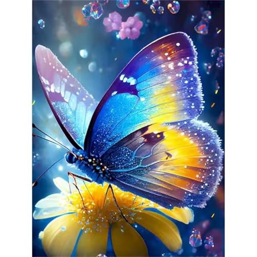 QiHon Malen Nach Zahlen Erwachsene Blume, Schmetterling Blau DIY Handgemalt Ölgemälde Leinwand Kits, Digitales DIY Ölgemälde Set mit 3-Pinseln und Acrylfarbe, DIY Rahmen 30x40cm von QiHon