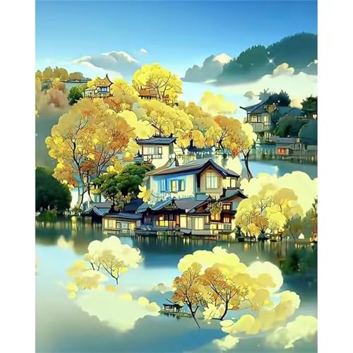 QiHon Malen Nach Zahlen Erwachsene Cartoon-Landschaft, Haus DIY Handgemalt Ölgemälde Leinwand Kits, Digitales DIY Ölgemälde Set mit 3-Pinseln und Acrylfarbe, DIY Rahmen 30x40cm von QiHon