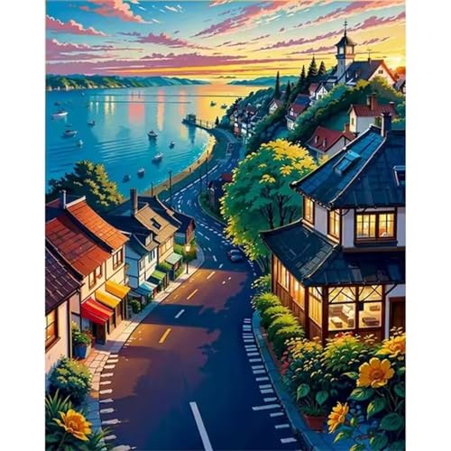 QiHon Malen Nach Zahlen Erwachsene Himmelslandschaften, Küstenstädte DIY Handgemalt Ölgemälde Leinwand Kits, Digitales DIY Ölgemälde Set mit 3-Pinseln und Acrylfarbe, Ohne Rahmen 55x70cm von QiHon