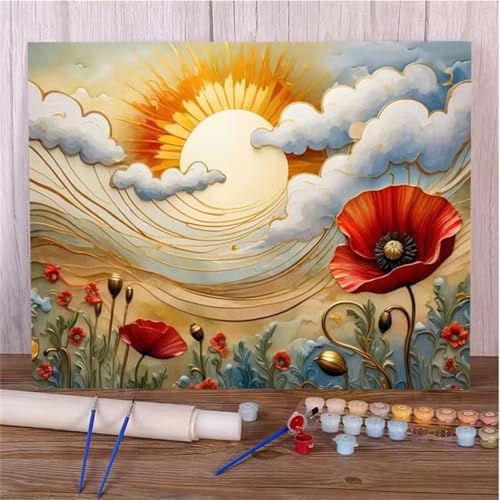 QiHon Malen Nach Zahlen Erwachsene Landschaft, Mohnblumen DIY Handgemalt Ölgemälde Leinwand Kits, Digitales DIY Ölgemälde Set mit 3-Pinseln und Acrylfarbe, Ohne Rahmen 50x65cm von QiHon