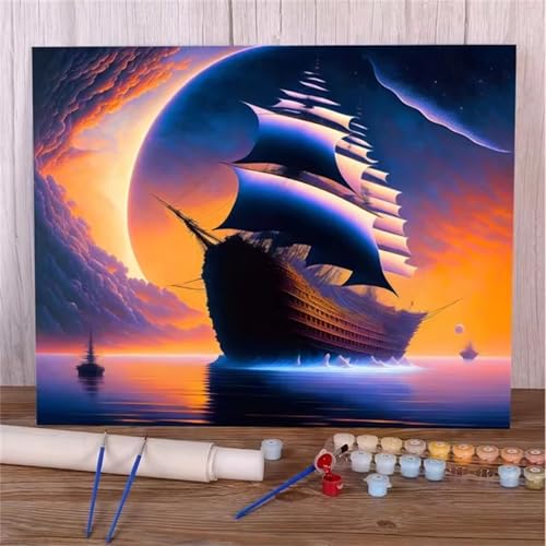 QiHon Malen Nach Zahlen Erwachsene Landschaft, Segelboot Malen Nach Zahlen für Anfänger, mit Pinsels und Acrylfarbe Als Geschenke und Heimdekoration, DIY Rahmen 30x40cm von QiHon