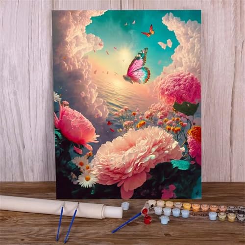 QiHon Malen Nach Zahlen Erwachsene Rosa Pfingstrose, Himmelsschmetterling DIY Handgemalt Ölgemälde Leinwand Kits, Digitales DIY Ölgemälde Set mit 3-Pinseln und Acrylfarbe, DIY Rahmen 40x50cm von QiHon