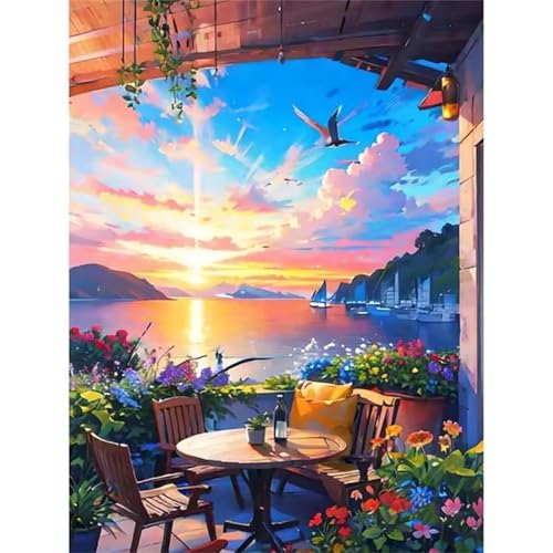 QiHon Malen Nach Zahlen Erwachsene Sonnenaufgang, Landschaft DIY Handgemalt Ölgemälde Leinwand Kits, Digitales DIY Ölgemälde Set mit 3-Pinseln und Acrylfarbe, DIY Rahmen 50x65cm von QiHon