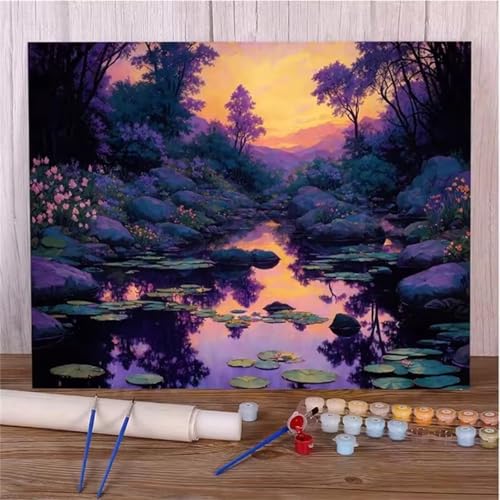 QiHon Malen Nach Zahlen Erwachsene Sonnenuntergang Landschaft, Dschungelfluss DIY Handgemalt Ölgemälde Leinwand Kits, Digitales DIY Ölgemälde Set mit 3-Pinseln und Acrylfarbe, Ohne Rahmen 55x70cm von QiHon