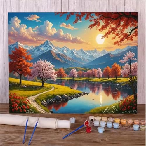 QiHon Malen Nach Zahlen Erwachsene Sonnenuntergang Landschaft, Flussbaum DIY Handgemalt Ölgemälde Leinwand Kits, Digitales DIY Ölgemälde Set mit 3-Pinseln und Acrylfarbe, DIY Rahmen 45x60cm von QiHon