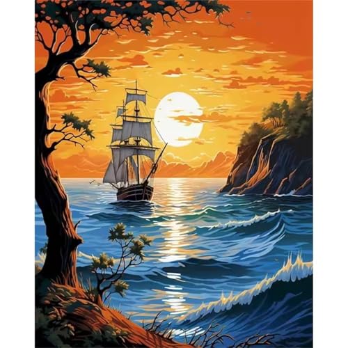 QiHon Malen Nach Zahlen Erwachsene Sonnenuntergang Landschaft, Segelboot DIY Handgemalt Ölgemälde Leinwand Kits, Digitales DIY Ölgemälde Set mit 3-Pinseln und Acrylfarbe, DIY Rahmen 40x50cm von QiHon