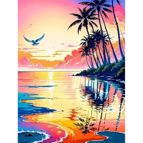 QiHon Malen Nach Zahlen Erwachsene Sonnenuntergang Landschaft, Vögel DIY Handgemalt Ölgemälde Leinwand Kits, Digitales DIY Ölgemälde Set mit 3-Pinseln und Acrylfarbe, Ohne Rahmen 40x50cm von QiHon