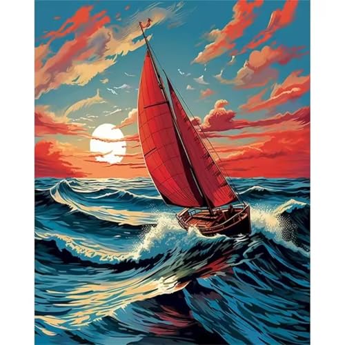 QiHon Malen Nach Zahlen Erwachsene Sonnenuntergangslandschaft, Segelboot DIY Handgemalt Ölgemälde Leinwand Kits, Digitales DIY Ölgemälde Set mit 3-Pinseln und Acrylfarbe, DIY Rahmen 45x60cm von QiHon