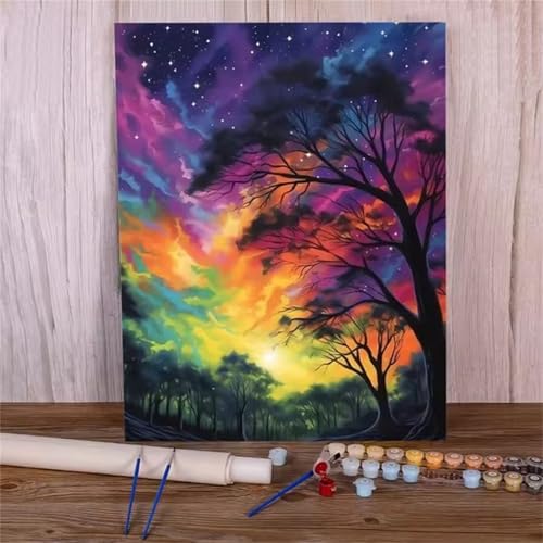 QiHon Malen Nach Zahlen Erwachsene Sternenhimmel, Baum DIY Handgemalt Ölgemälde Leinwand Kits, Digitales DIY Ölgemälde Set mit 3-Pinseln und Acrylfarbe, Ohne Rahmen 60x75cm von QiHon