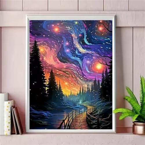 QiHon Malen Nach Zahlen Erwachsene Sternenhimmel, Baumlandschaft DIY Handgemalt Ölgemälde Leinwand Kits, Digitales DIY Ölgemälde Set mit 3-Pinseln und Acrylfarbe, DIY Rahmen 30x40cm von QiHon