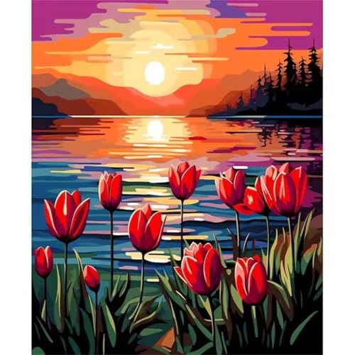 QiHon Malen Nach Zahlen Erwachsene Tulpen, Landschaft Sonnenuntergang Malen Nach Zahlen für Anfänger, mit Pinsels und Acrylfarbe Als Geschenke und Heimdekoration, DIY Rahmen 30x40cm von QiHon