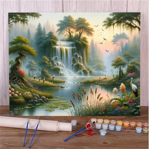 QiHon Malen Nach Zahlen Erwachsene Wasserfalllandschaft, Vögel Malen Nach Zahlen für Anfänger, mit Pinsels und Acrylfarbe Als Geschenke und Heimdekoration, DIY Rahmen 50x65cm von QiHon