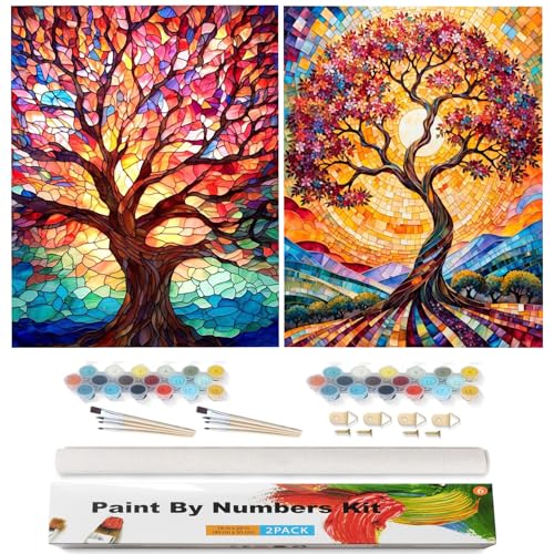 Qianbaiuk 2 Stück Malen Nach Zahlen Erwachsene Baum des Lebens Malen Nach Zahlen Baum DIY Acrylpigment für Art Home Decor(12x16 Zoll) von Qianbaiuk