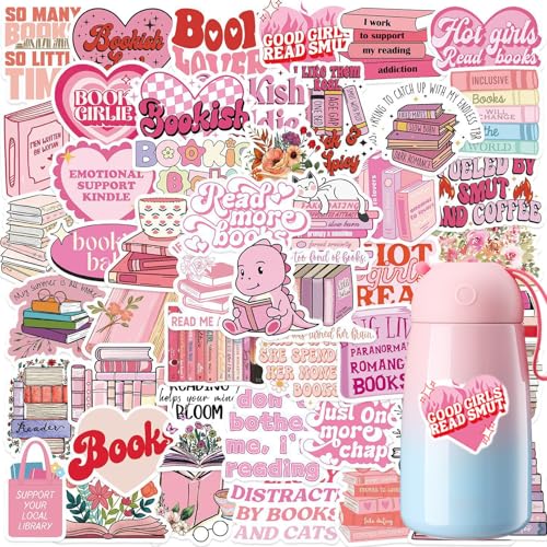 50 Stück Bookish Aufkleber,Sticker Aesthetic,Kawaii Sticker,Wasserfeste Rosa Stickers für Kindle,Books Decor,Inspirierende Kawaii-Aufkleber,Mädchen Pink Romance,Für Laptops Fahrrädern Koffer von Qianfeng