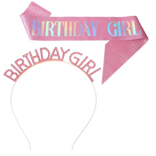 2 Stück Geburtstag Kristall Tiara Geburtstagskrone Mädchen Rosa Crown Krone Schärpe mit Birthday Girl Geburtstagsstirnband für Mädchen Cute Birthday Headband für Geburtstagsfeier Dekorationen von Qianyu