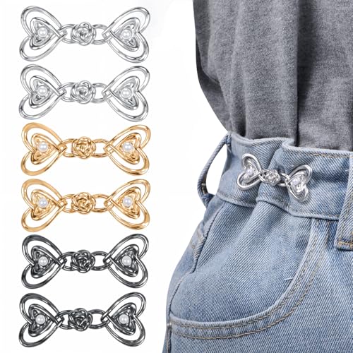 3 Sets Hosen-Taillenstraffer, verstellbarer Knopf für lose Jeans, abnehmbare Kristall-Hosen-Clips, kein Nähen, Knopfnadeln machen Jeans Taille kleiner, sofortiger Knopfhaken für Taille, Silber, Gold, von Qianyu