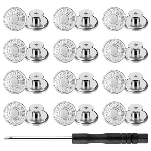 Qianyu 12 Stück Hosen Ersatz Knöpfe Button Pins 17mm Ohne Nähen Verstellbare Messing Jeansknöpfe Stecken mit Schraubendreher DIY Metall Hosenknopf für Reparatur von Jeans (Silber) von Qianyu