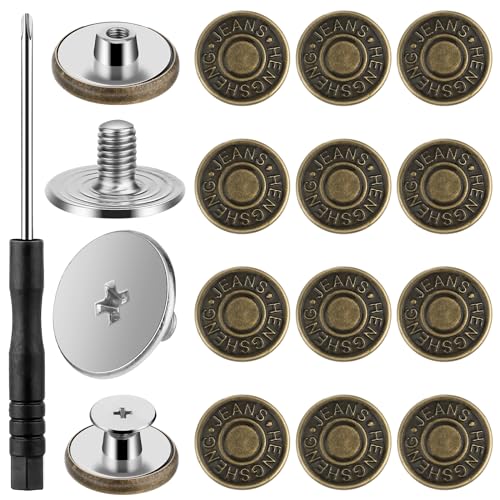 Qianyu 12 Stück Hosen Ersatz Knöpfe Button Pins 17mm Ohne Nähen Verstellbare Messing Jeansknöpfe Stecken mit Schraubendreher DIY Metall Hosenknopf für Reparatur von Jeans von Qianyu