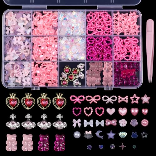 Qianyu Nailart-Dekoration mit Pinzette, Glitzersteine Nägel Rhinestones Multi Shapes Strasssteine Nägel Bear Butterfly Flatback Nail Gems für Manicure Design DIY Craft Jewelry Zubehör von Qianyu