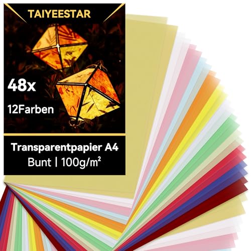 Qiareoiu 48 Blatt Transparentpapier Bunt, Transparentpapier a4, Pergamentpapier zum Bedrucken, Transparentpapier 12 Farben inkl. Gold & Silber, Pergamentpapier zum Basteln von Laternen von Qiareoiu