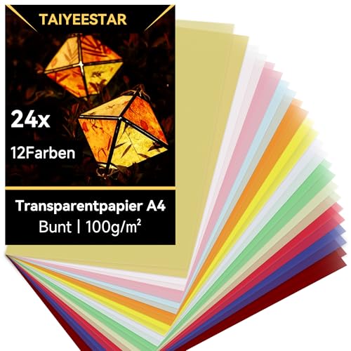 Qiareoiu Transparentpapier Bunt, Transparentpapier a4, Pergamentpapier zum Bedrucken, Transparentpapier 12 Farben inkl. Gold & Silber, Pergamentpapier zum Basteln von Laternen, 24 Blatt von Qiareoiu