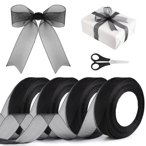 4 Rollen Organzaband Schwarz, 45m x 25mm Breit Schwarzes Schleifenband mit 1 Schere, Transparentes Organza Bänder, Geschenkband Schwarz für Bouquet, Geschenkverpackung von Qichan