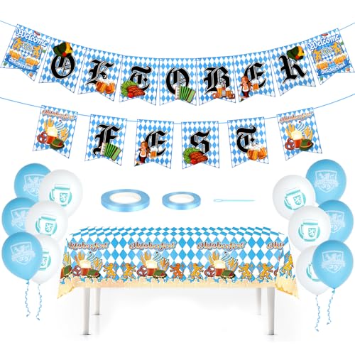 Bayrische Deko Set, Oktoberfest Deko Set mit “Oktoberfest” Girlande, 1 Oktoberfest Tischdecke, 12 Bedruckte Latex-Luftballons, Deko Oktoberfest Party für Bierzelten von Qichan