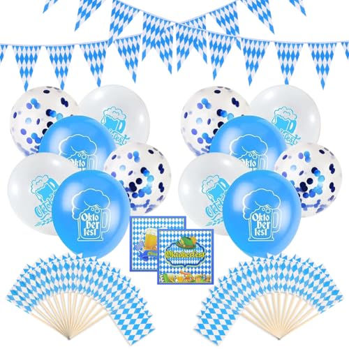 Qiciqinoone Oktoberfest Deko Set, 78 Stück Oktoberfest Bayrische Deko mit Servietten Oktoberfest Wimpelkette Blau Weiß Bedruckte Luftballons Kuchendekoration für Oktoberfest Party Dekoration Bierfest von Qiciqinoone