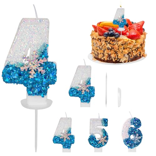 Qiciqinoone Geburtstagskerzen Zahlen 4, 3D Geburtstagskerzen Kinder Frozen mit Schneeflocke Birthday Candle Geburtstag Mädchen Geburtstagskerzen für Kuchendeko für Kindergeburtstag,Jubiläum,Hochzeit von Qiciqinoone