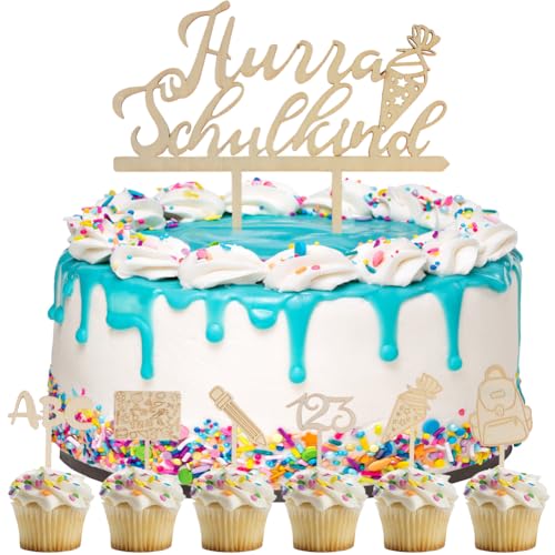 Qiciqinoone 7 Stk Schulkind 2024 Tortendeko Einschulung Holz, Cake Topper Einschulung Kuchendeko Schulanfang, Zuckertüte ABC 123 Kuchen Deko Schulkind Mädchen Einschulung Geschenk für Junge Mädchen von Qiciqinoone