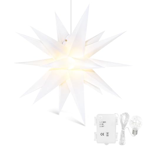 Qijieda 3D Weihnachtsstern Beleuchtet Außen Batterie mit Timer - 58cm led Weihnachtsstern für Fenster, Adventsstern Stern Zum Dekorieren von Innenhof, Balkon Und Garten (58cm, Weiß) von Qijieda