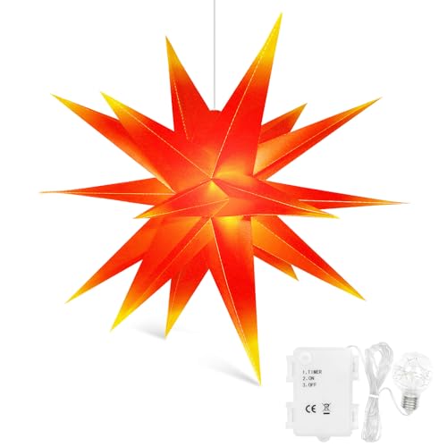 Qijieda 3D Weihnachtsstern Beleuchtet Außen Batterie mit Timer - 58cm led Weihnachtsstern für Fenster, Adventsstern Stern Zum Dekorieren von Innenhof, Balkon Und Garten (Red-Yellow, 58cm) von Qijieda