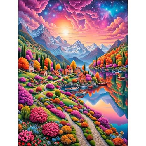 5D Farbenfrohe Landschaft Diamond Painting Kit,Diamant Painting Bilder für Erwachsene Anfänger DIY Runder Voll Stickerei Landschaft am Seeufer Diamond Painting Arts Craft für Home Wand Decor 30x50cm von Qijinn