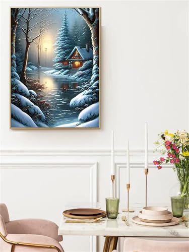 5D Ferienhaus am See Diamond Painting Kit,Diamant Painting Bilder für Erwachsene Anfänger DIY Runder Vollbohrer Stickerei Winteransicht Diamond Painting Arts Craft für Home Wand Decor 100x140cm von Qijinn