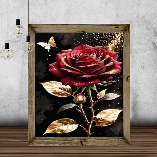 5D Goldene rote Rose Diamond Painting Kit,Diamant Painting Bilder für Erwachsene Anfänger DIY Runder Vollbohrer Stickerei Blumenlandschaft Diamond Painting Arts Craft für Home Wand Decor 25x40cm von Qijinn