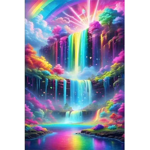 5D Regenbogen Wasserfälle Diamond Painting Kit,Diamant Painting Bilder für Erwachsene Anfänger DIY Runder Vollbohrer Stickerei Wunderland Diamond Painting Arts Craft für Home Wand Decor 40x60cm von Qijinn