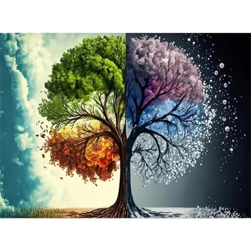 5D Vier-Jahreszeiten-Baum Diamond Painting Kit,Diamant Painting Bilder für Erwachsene Anfänger DIY Runder Vollbohrer Stickerei Landschaft Diamond Painting Arts Craft für Home Wand Decor 40x60cm von Qijinn