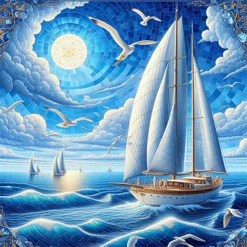 Diamond Painting Glas-Segelboot-Meer 5D Diamant Painting Bilder Set,DIY Vierkant 30x30cm Diamant Malen nach Zahlen Kit für Erwachsene Full Strass Stickerei Kreuzstich Kunst Wohn-Schlafzimmer Wanddekor von Qijinn