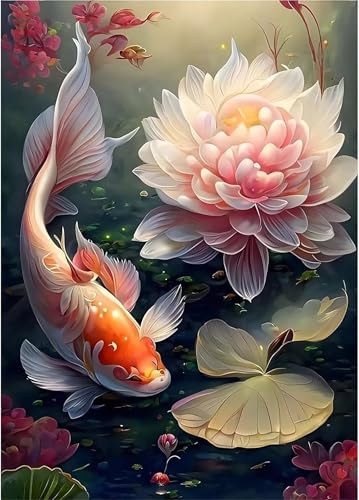 Diamond Painting für Erwachsene,5D Blumen Koi Diamant Painting Bilder Kit DIY Runder Vollbohrer Strass Malen nach Zahlen Landschaft Diamant Malerei Kit für Anfänger Home Büro Wall Dekoration 50x70cm von Qijinn